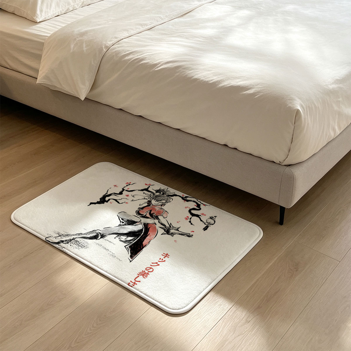 Chun-Li from Street Fighter in a dynamic kick pose with cherry blossoms and a bird, showcasing martial arts elegance - Flannel floor mat