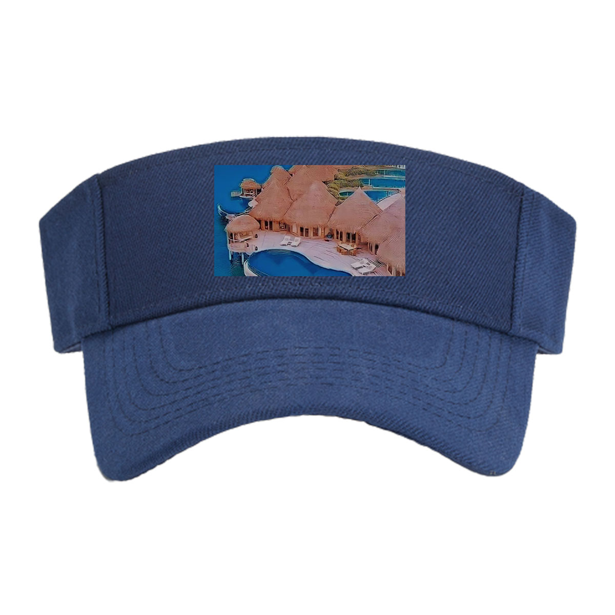 Overwater bungalows with private pools on a tropical island, surrounded by crystal blue waters and lush greenery. -  Visor cap