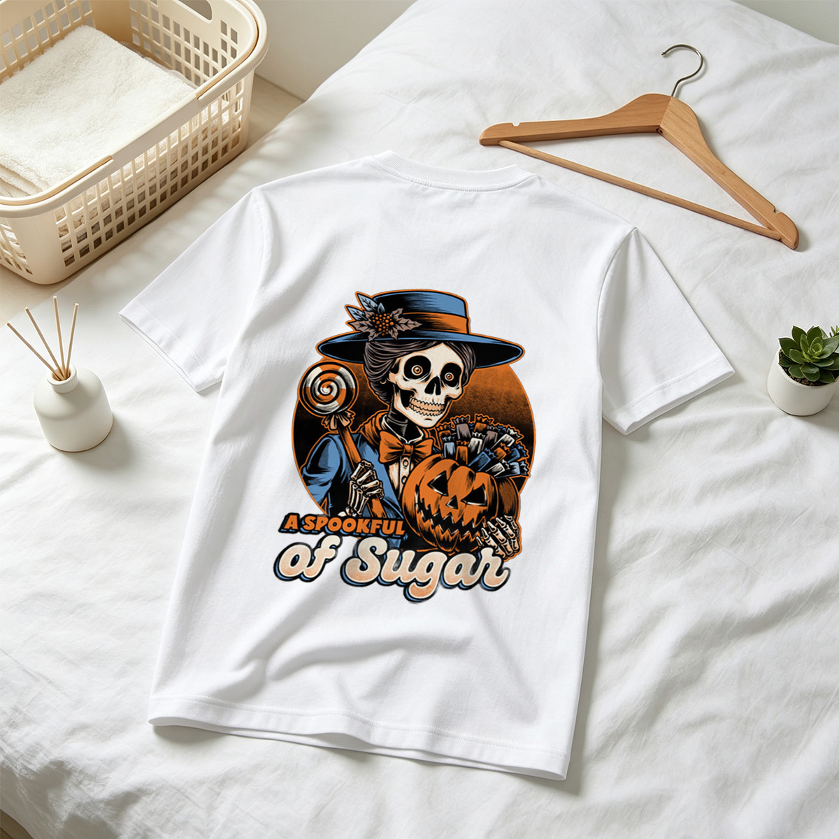 A Spookful of Sugar: Skeleton Lady with Pumpkin and Candy - Tee