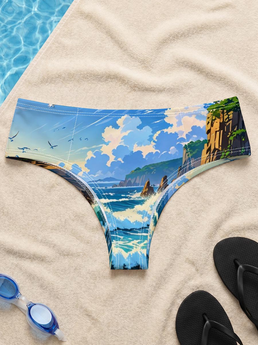 Ocean Waves Crashing Against Rocky Coastline Under Blue Sky -  Men's swim trunks