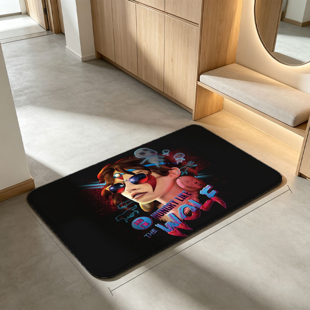 Hungry Like the Wolf: Neon-Style Portrait with Sunglasses and Ghostly Elements - Flannel floor mat
