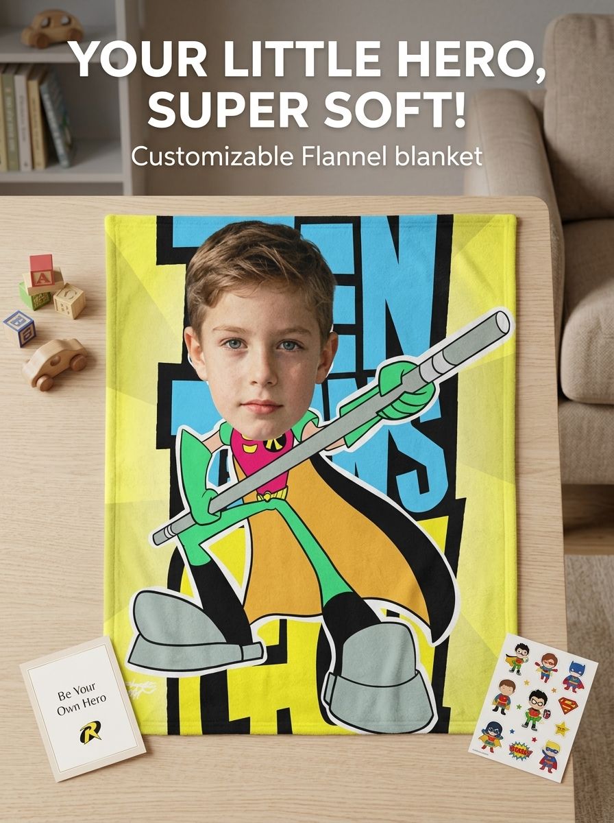 Custom Face Comic Hero Flannel Fleece Blanket, Soft Personalized Photo Throw for Kids and Cozy Living Room Gifting