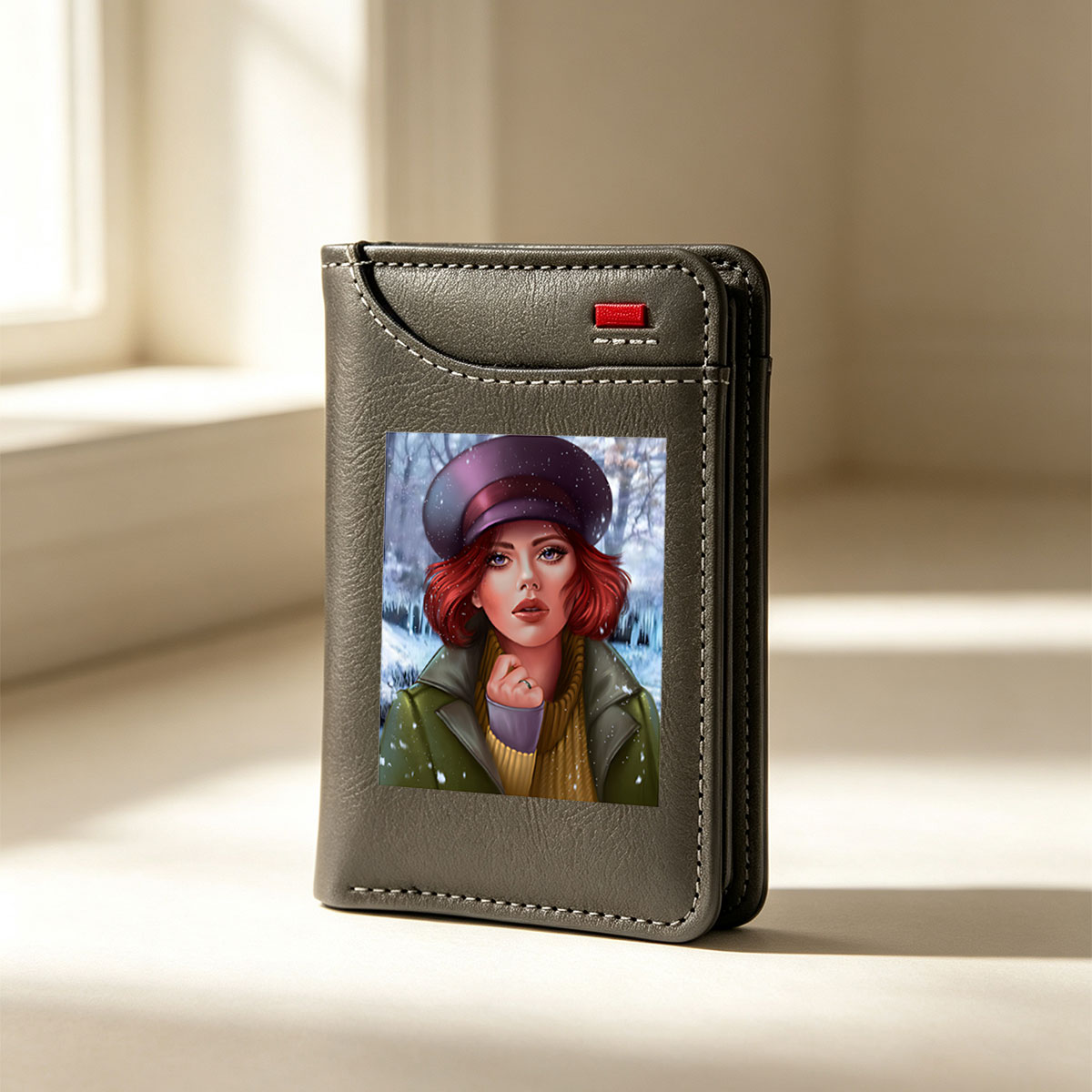 Red-Haired Woman in Winter Hat and Coat, Snowy Forest Background - Vertical Style Wallet