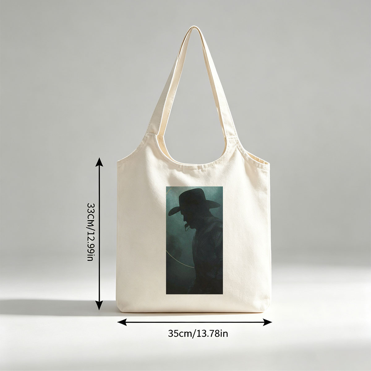 Johnny Cash in the Mist – Silhouette of a Cowboy with Hat and Pipe Against a Foggy Background - Canvas shoulder bags/