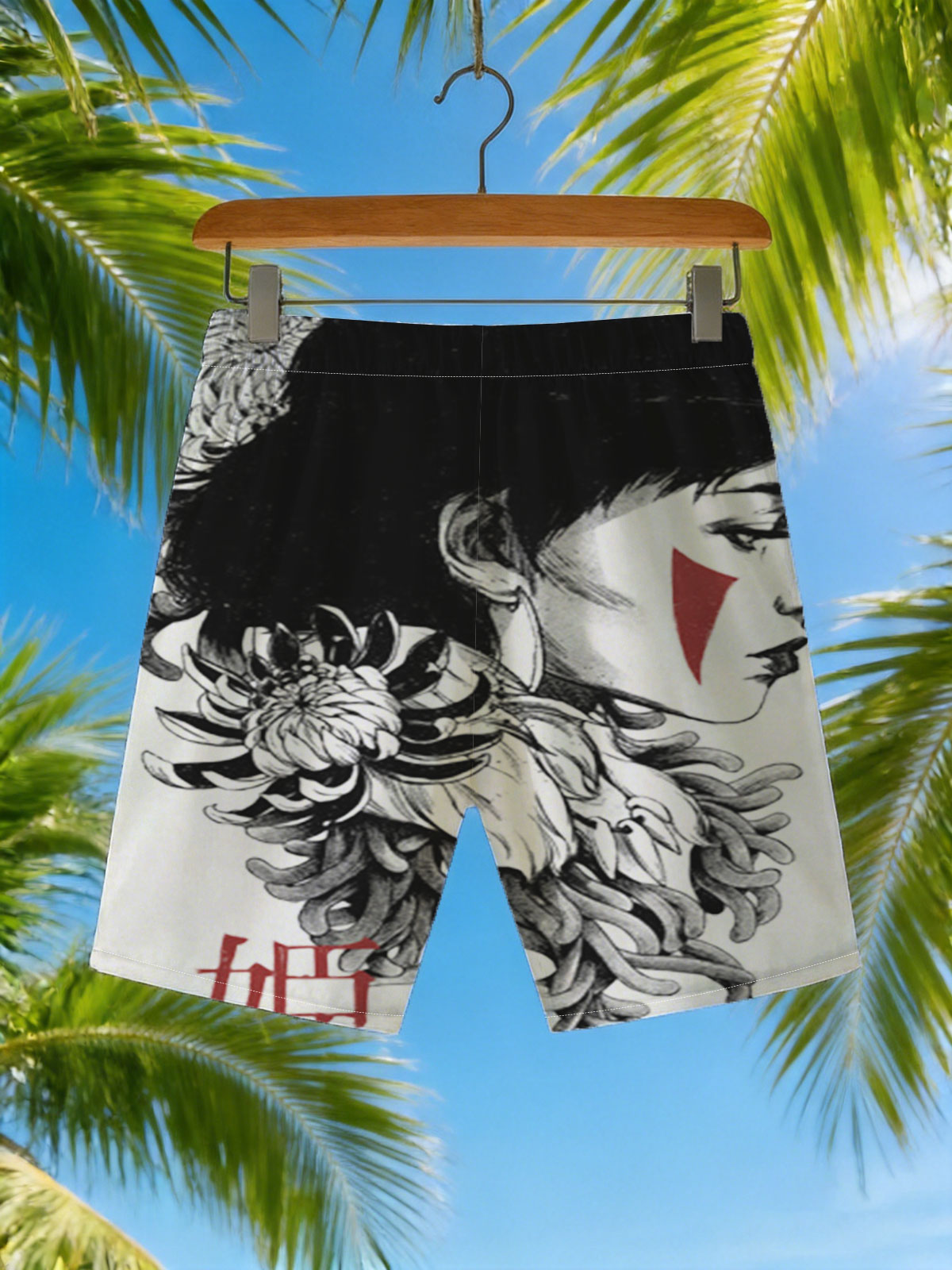 Geisha with Chrysanthemum and Red Accents -  Beach shorts