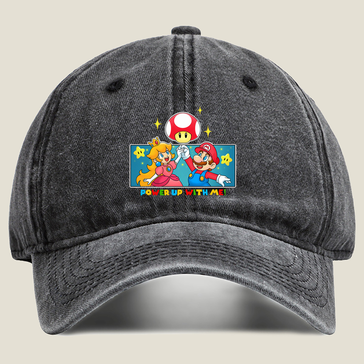 Super Mario: Mario and Peach Power Up with Toad! - Washed Denim - Baseball Cap