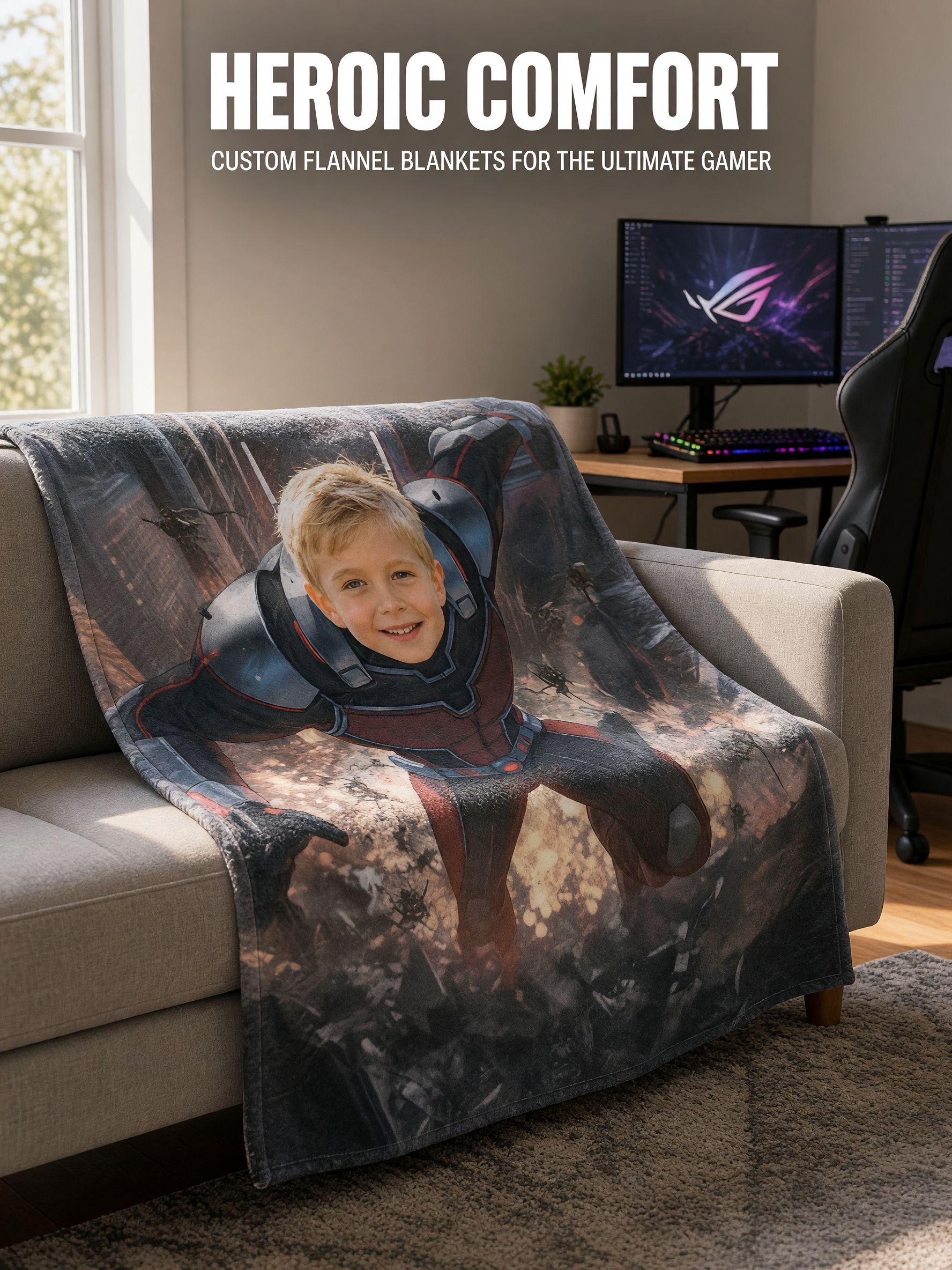 Custom Face Superhero Photo Flannel Fleece Throw Blanket Personalized Photo Gift for Kids Boys Cozy Plush Bed Couch Wrap