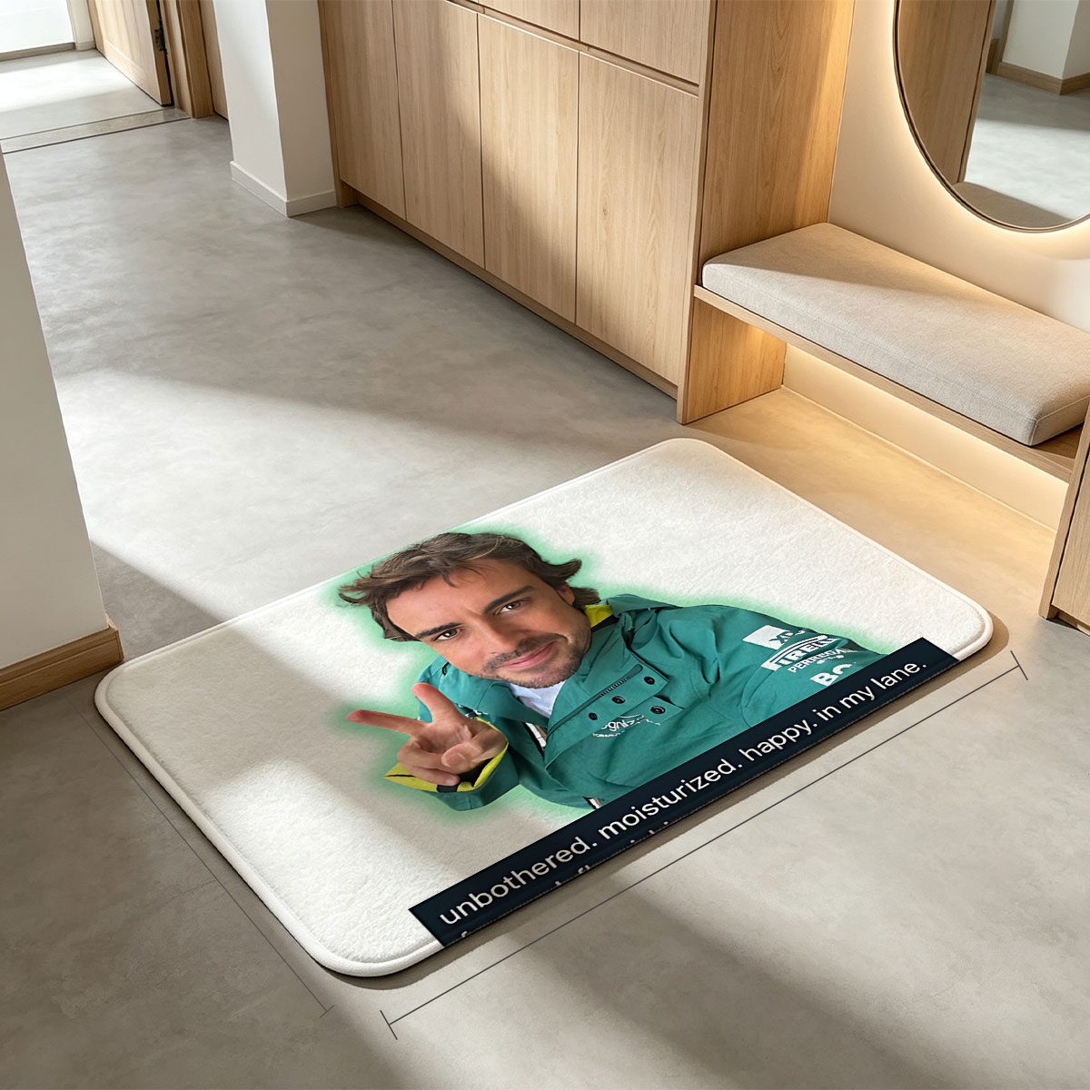 Fernando Alonso in Green Jacket Making Peace Sign with Text Overlay - Flannel floor mat