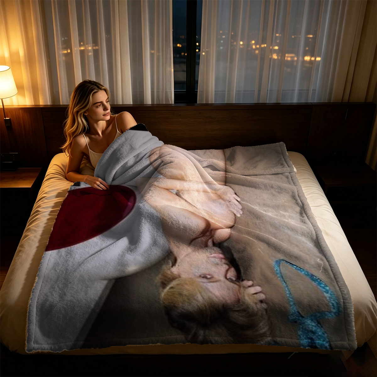 Nude Asian beauty with long black hair lying on hotel bed holding blue lingerie. - Blanket