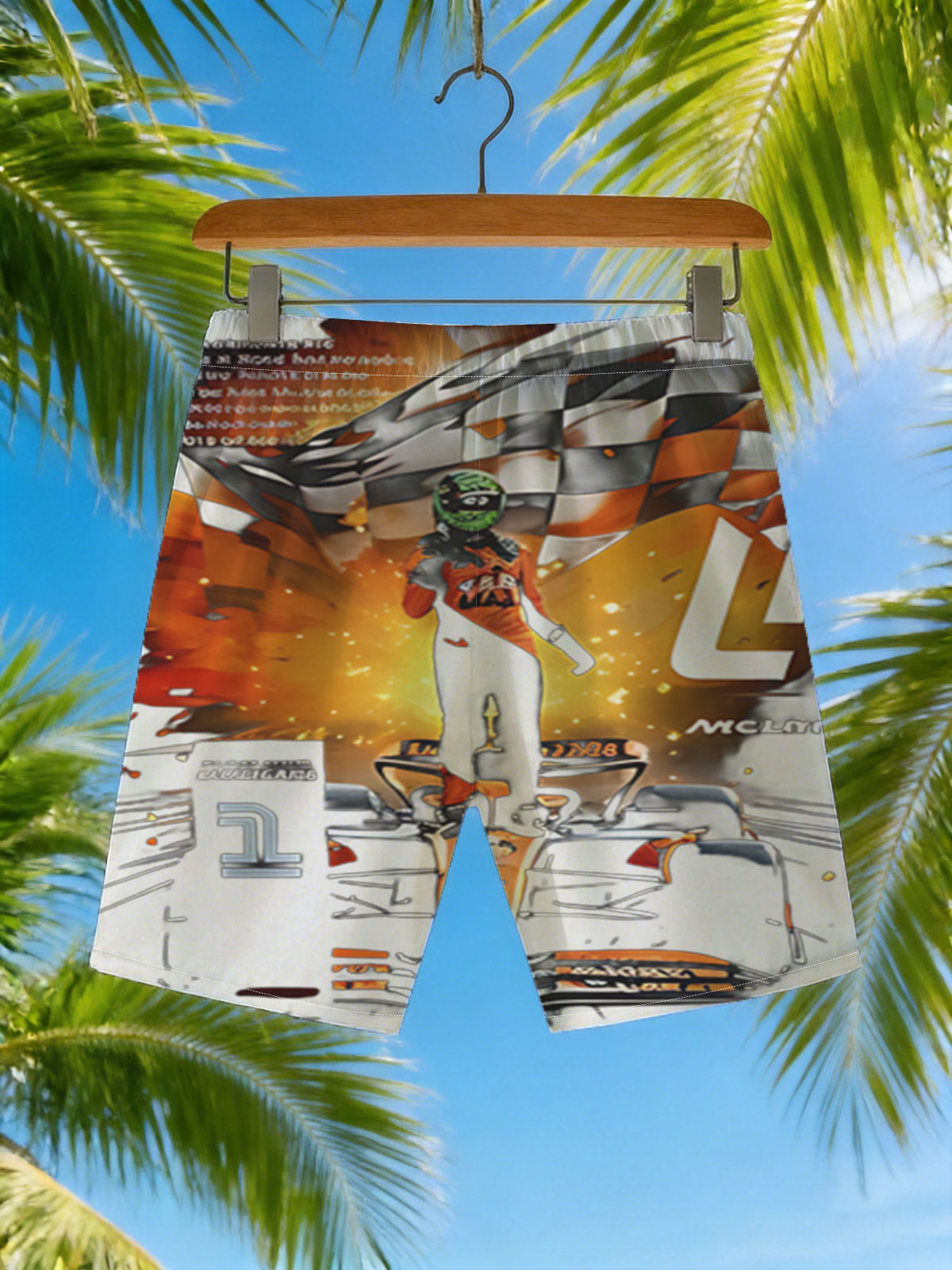Lando Norris McLaren F1 Driver in Racing Gear with Checkered Flag and Car, Number 4 -  Beach shorts