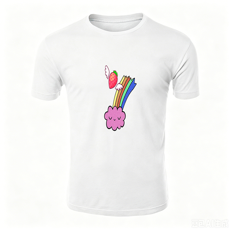 Unisex Classic T-Shirt with Winged Strawberry and Rainbow Cloud Print | Cute Fantasy Design for Casual Wear, Perfect for Teens and Young Adults Loving Whimsical Art