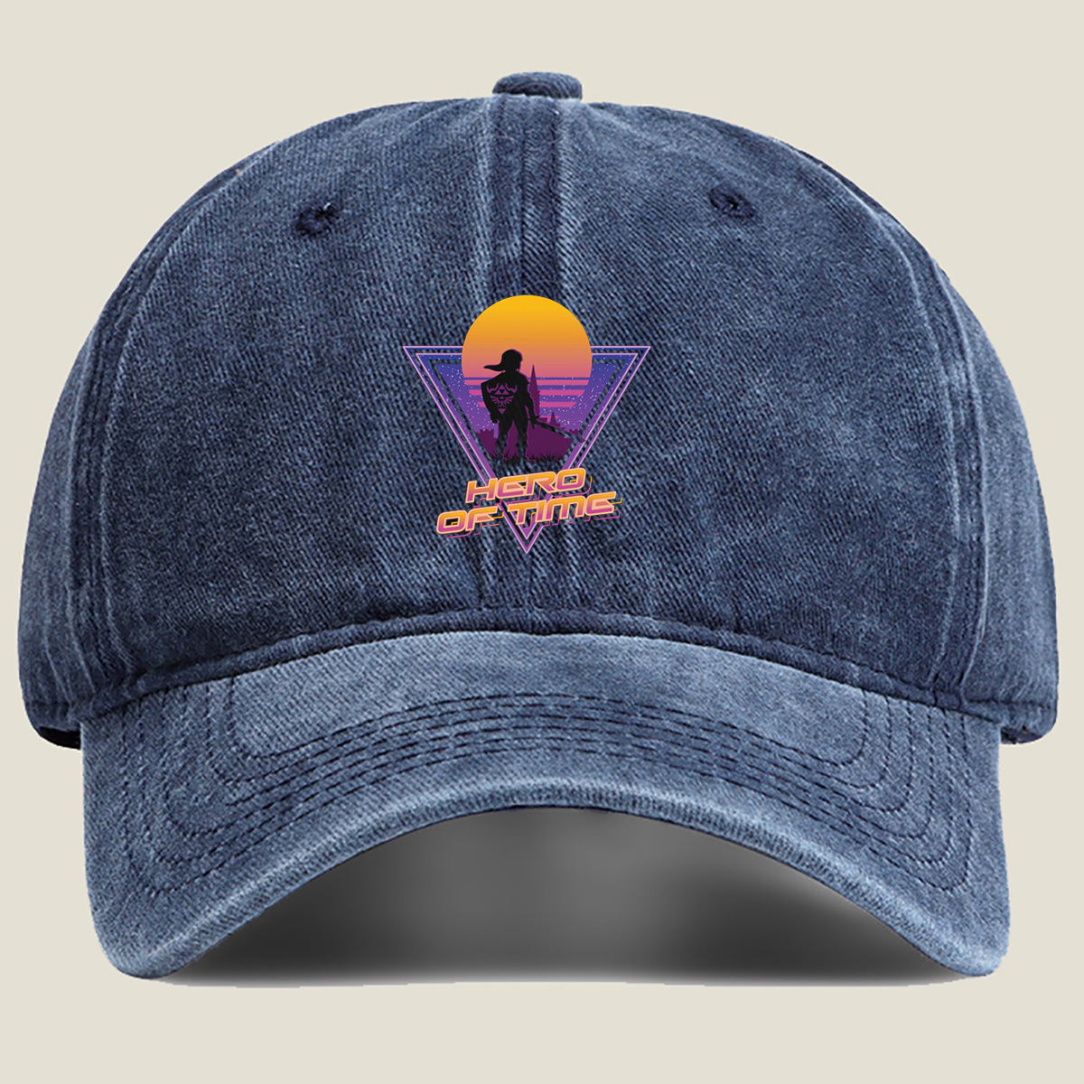 Hero of Time: Link Silhouette in Retro Sunset Scene - Washed Denim - Baseball Cap