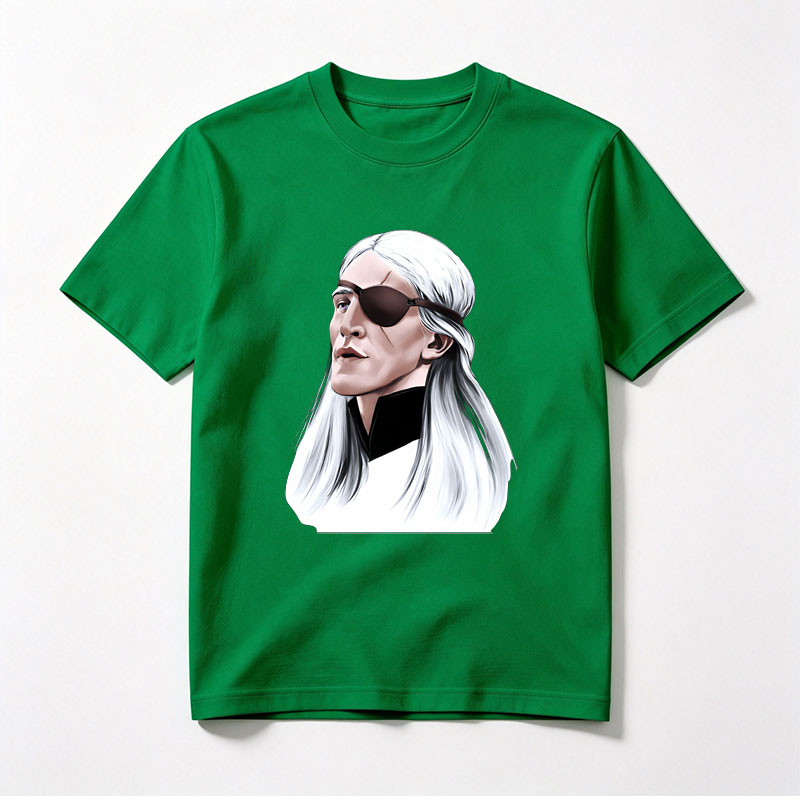 White-Haired Man with Eye Patch, Long Hair, Dark Clothing, Profile View - Tee