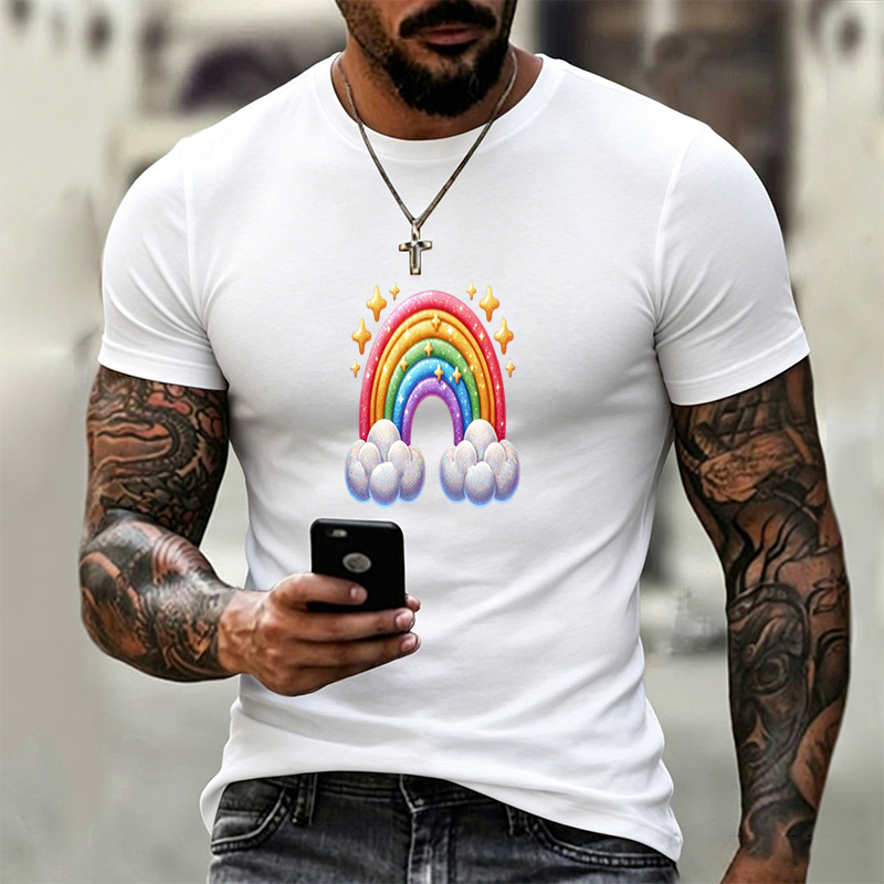 Unisex Classic T-Shirt Rainbow Stars Clouds Print Design for Casual Wear, Perfect for Outdoor Activities and Daily Use, Ideal for Adults Seeking Fun and Colorful Fashion Statement