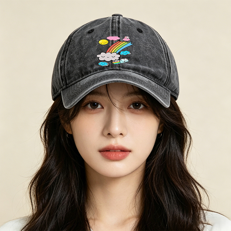 Unisex Classic Washed Cotton Hat with Rainbow Clouds and Sparkle Sun Print - Perfect for Outdoor Activities, Casual Wear, and Festival Outfits - Ideal for Teenagers and Young Adults Seeking Fun, Trendy Headwear