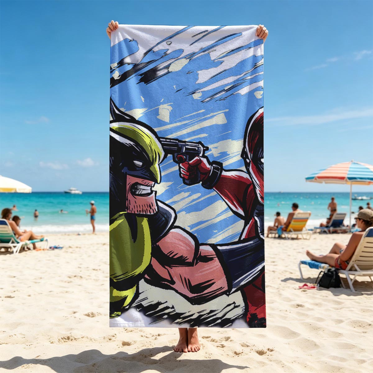 Wolverine vs Deadpool: Intense Face-Off in Comic Style - Beach towels
