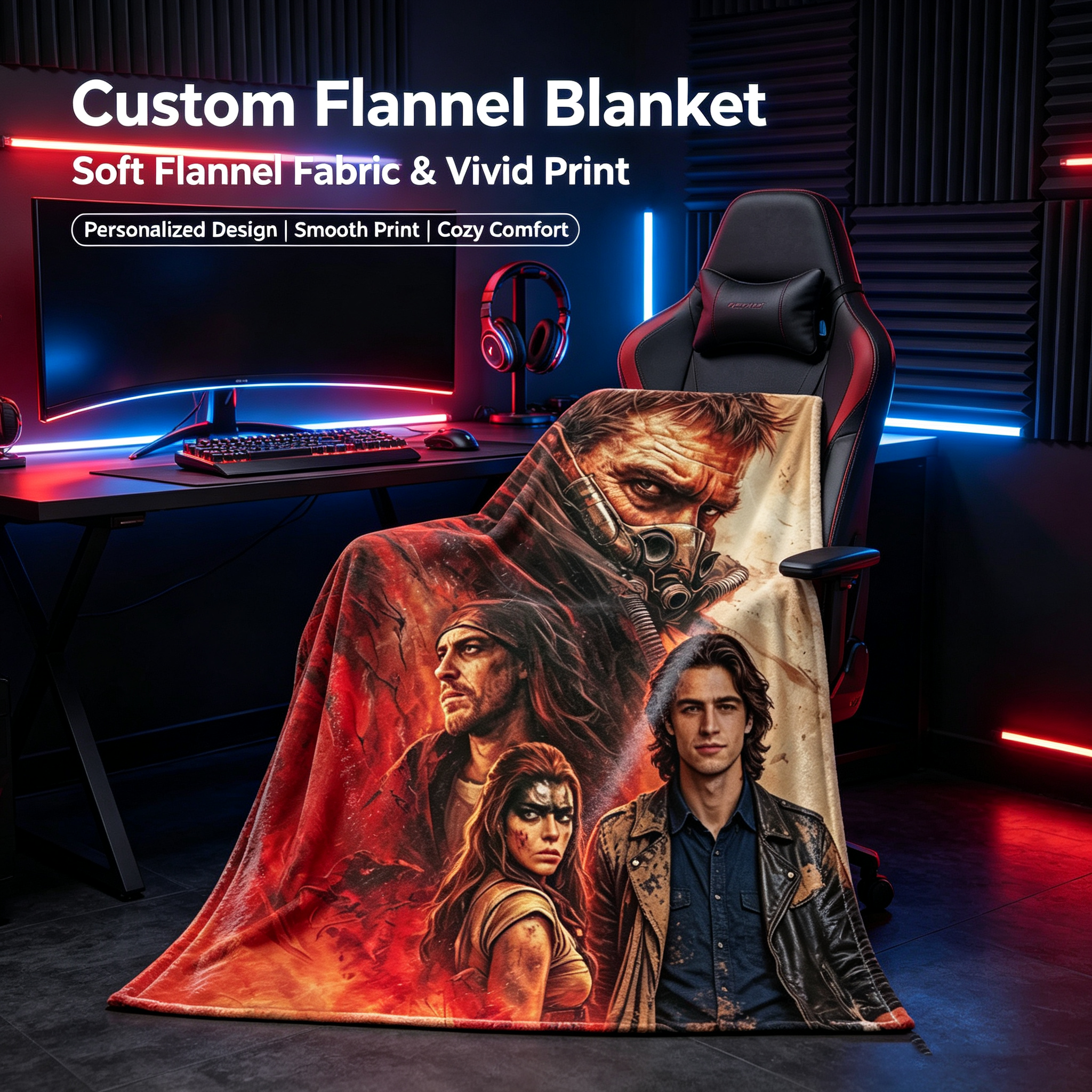 Custom Face Blanket Mad Max Fury Road Flannel Blanket Movie Character Art Gift for Fans and Collectors