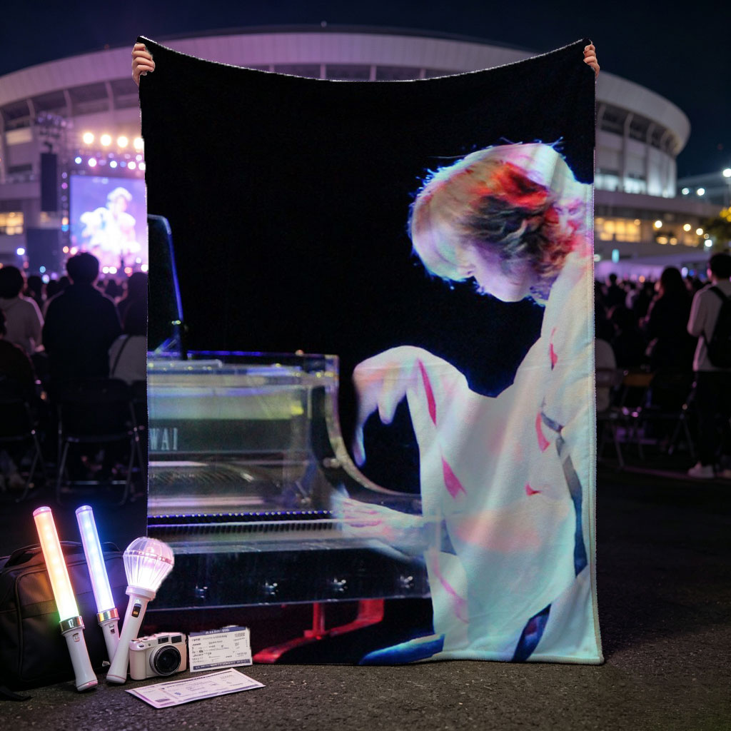 Yuki Kajiura Performing Piano on Stage with Dramatic Lighting - Blankets
