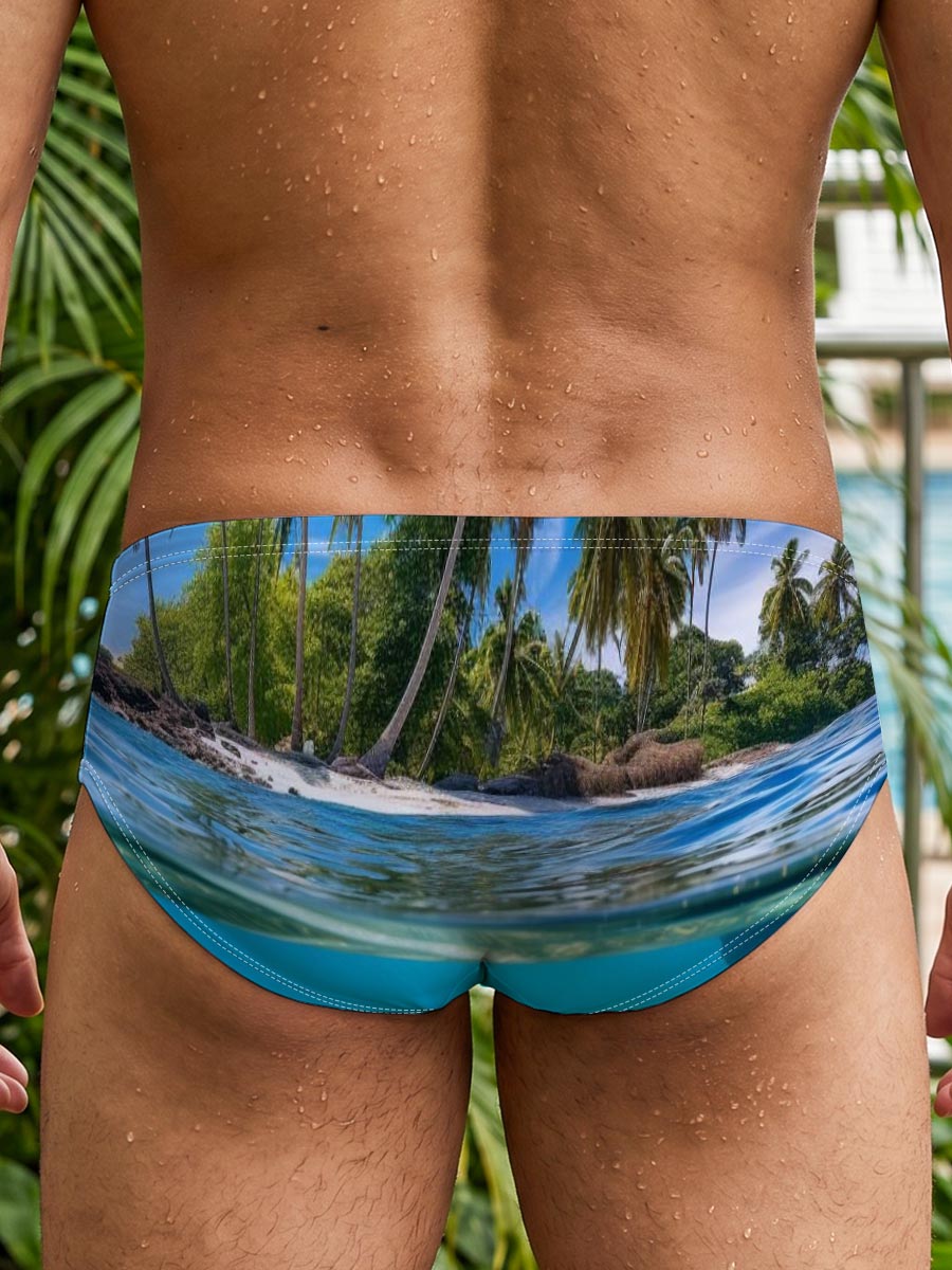 Tropical Island with Palm Trees and Crystal Clear Waters -  Men's swim trunks