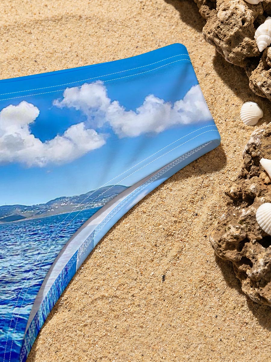 Azure Sea Under Blue Sky with White Clouds -  Men's swim trunks