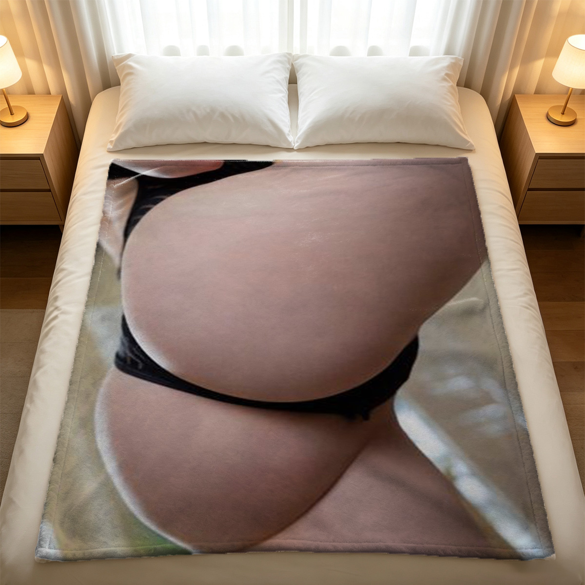 Sofia Vassilieva in a beige sweater lying on a patterned couch. - Blanket