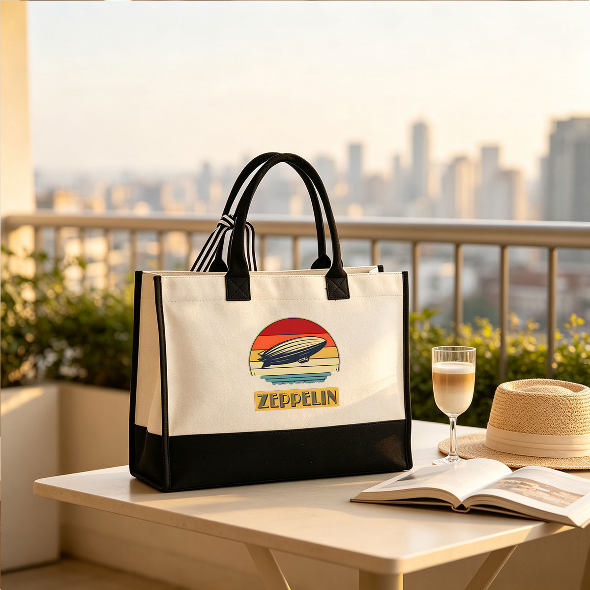 Zeppelin Airship Retro Sunset Design - Canvas patchwork gift tote bag