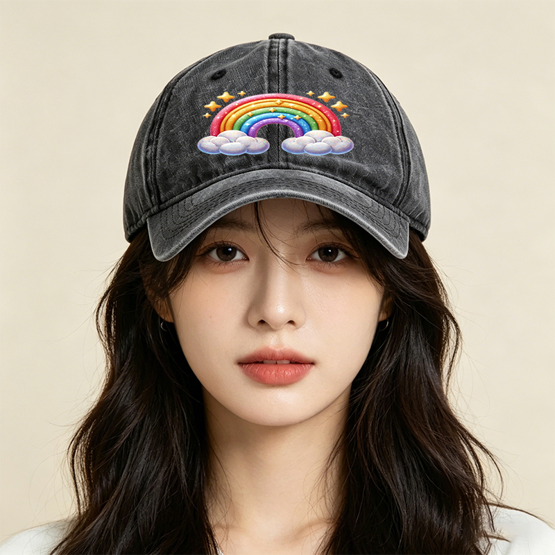 Unisex Classic Washed Cap Rainbow Clouds Print - Perfect for Casual Outings, Beach, and Daily Wear - Ideal for Youth and Adults Seeking Fun, Colorful Style