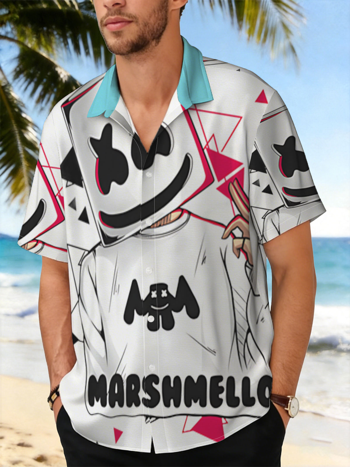 Marshmello DJ Music Artist with Iconic Helmet and Red Triangles -  Shirt