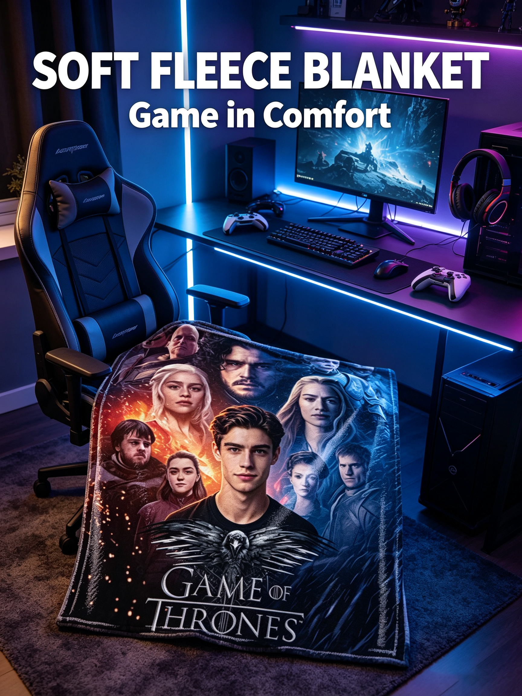 Custom Face Blanket Game of Thrones Flannel Blanket for Couch, Bed, or Travel - Perfect Gift or Giveaway for Fans