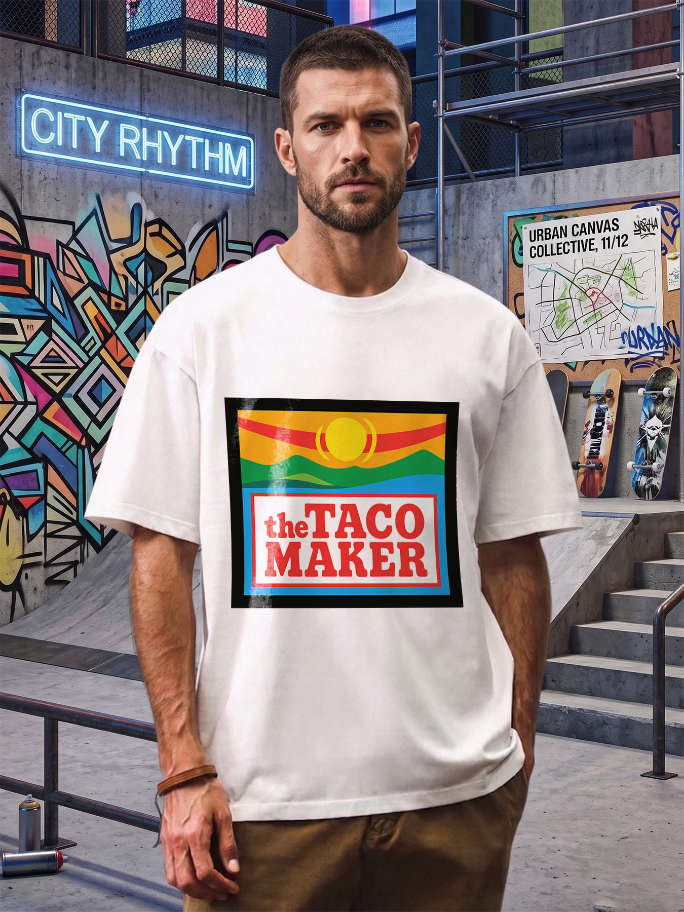 Men's Printed T-Shirt The Taco Maker Sunset Landscape Design Casual Round Neck Summer Lightweight Breathable Short Sleeve T-Shirt for Food Lovers and Outdoor Activities Adult Men