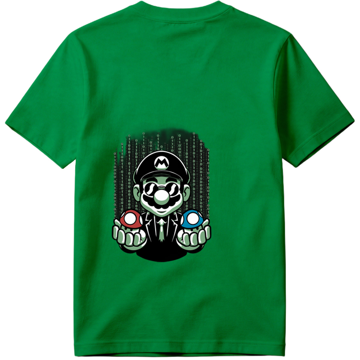 Mario in Matrix Code with Red and Blue Mushrooms - Tee