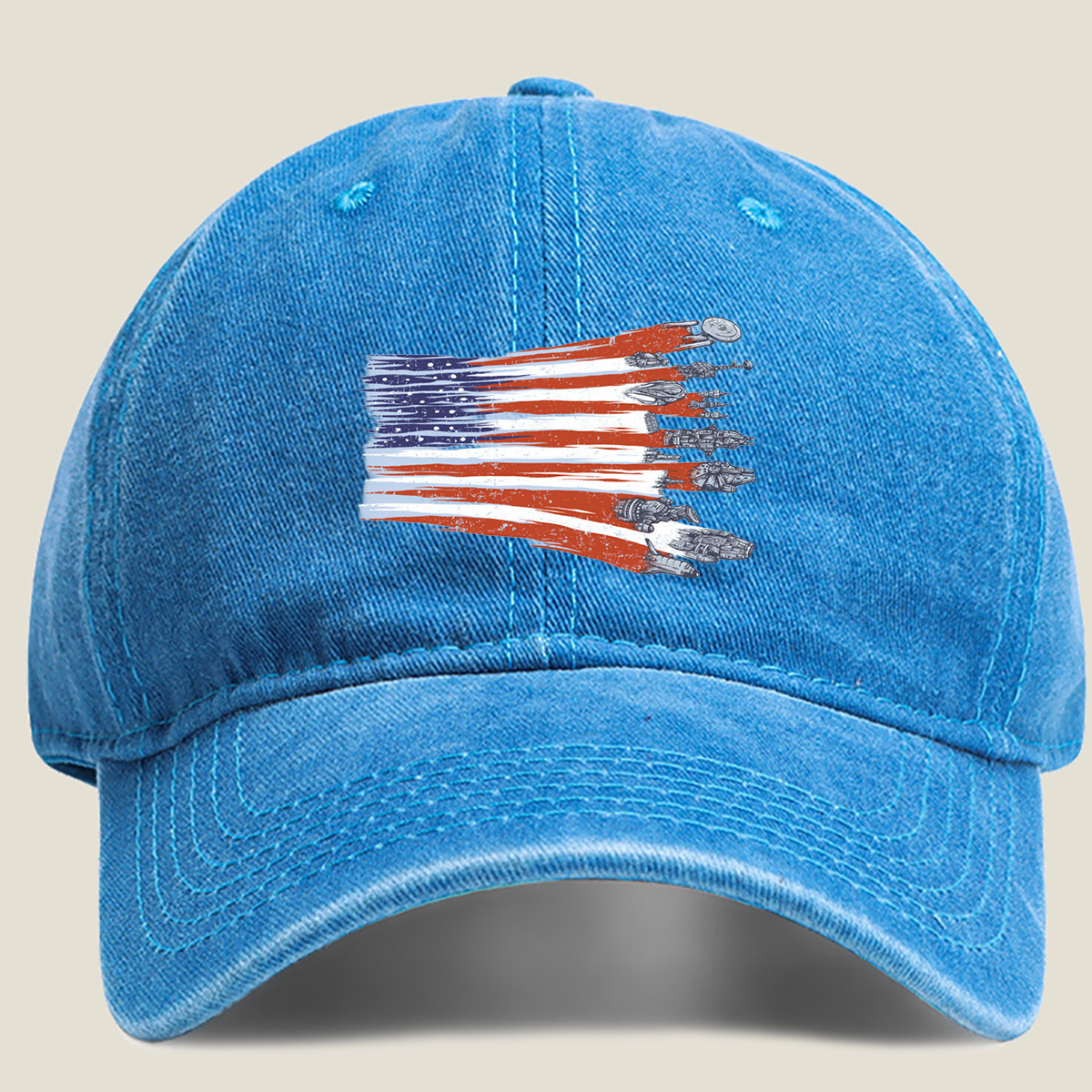 Star Trek and Star Wars Spaceships with American Flag Design - Washed Denim - Baseball Cap
