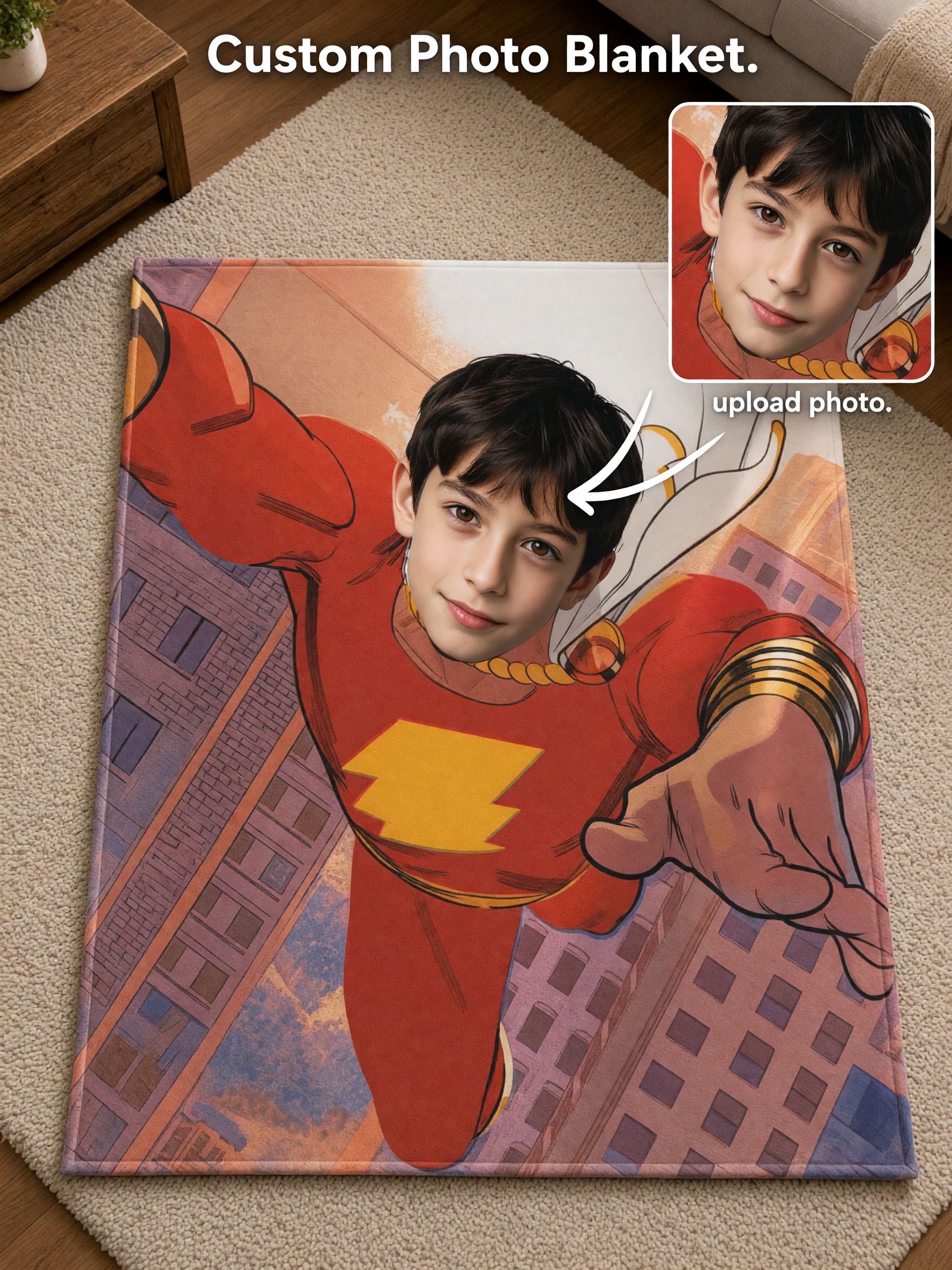 Custom Superhero Photo Blanket Personalized Face Fleece Throw Soft Cozy Keepsake Gift for Kids and Adults