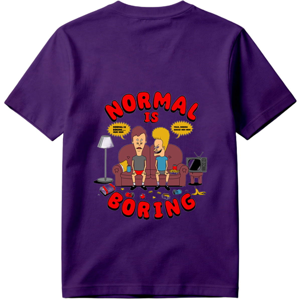 Normal Is Boring: Two Cartoon Characters on Couch with Chaos Around - Tee