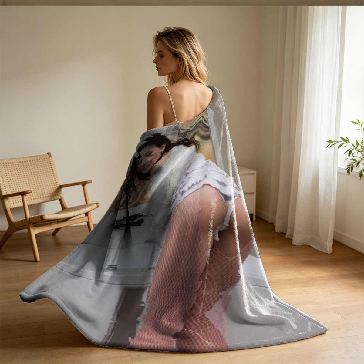 Two Lesbians Kissing in Pink Lingerie on Couch - Blanket
