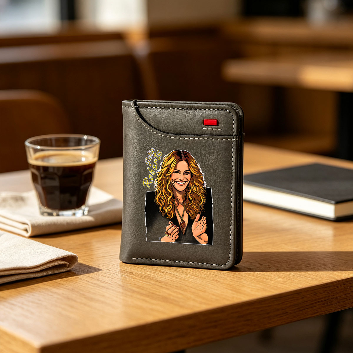 Julia Roberts Portrait: Vibrant Cartoon Style with Long Curly Hair and Warm Smile - Vertical Style Wallet