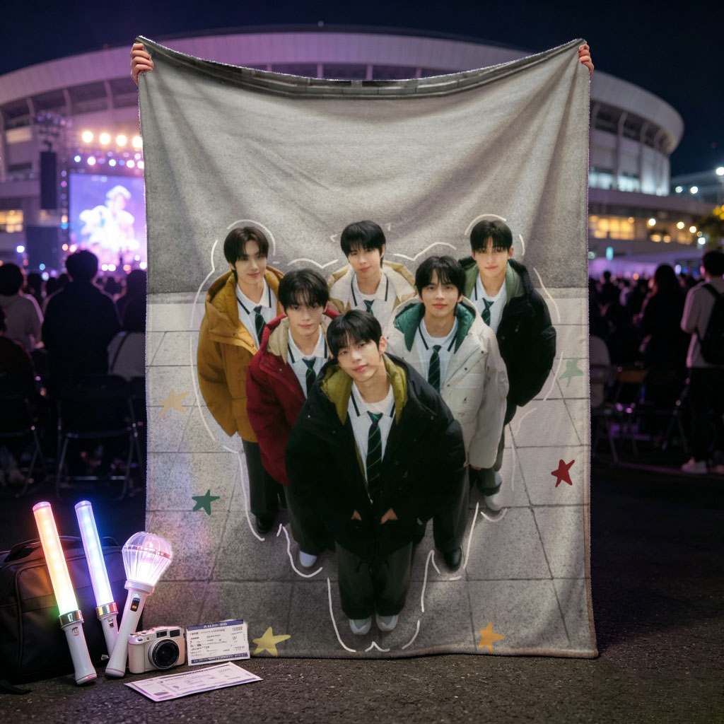 TXT Group in School Uniforms Standing Together Outdoors with Star Accents - Blankets