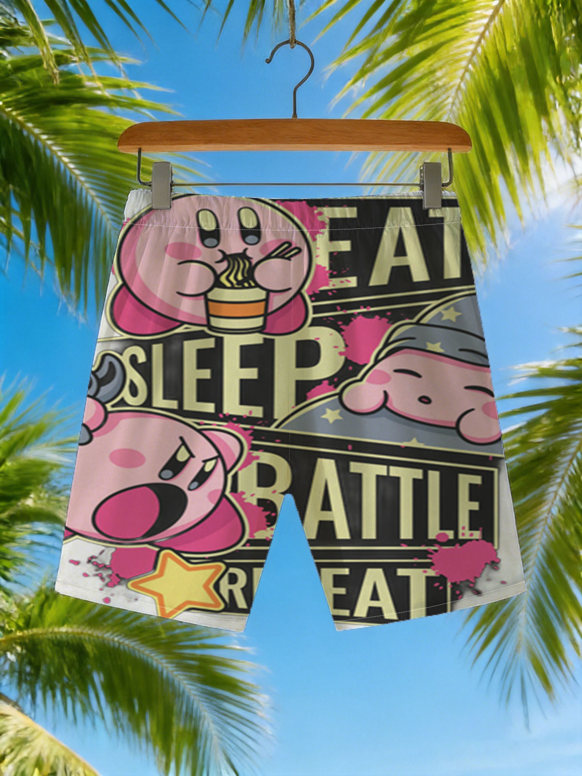 Kirby Eat Sleep Battle Repeat - Pink Star Warrior Adventure -  Beach shorts