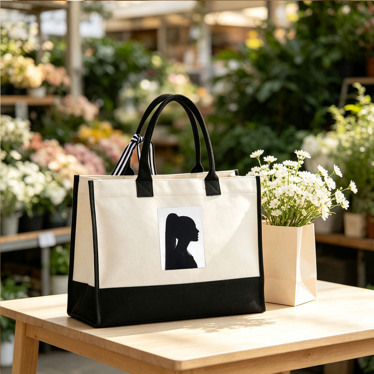 Silhouette of a Woman with Ponytail in Profile View - Canvas patchwork gift tote bag