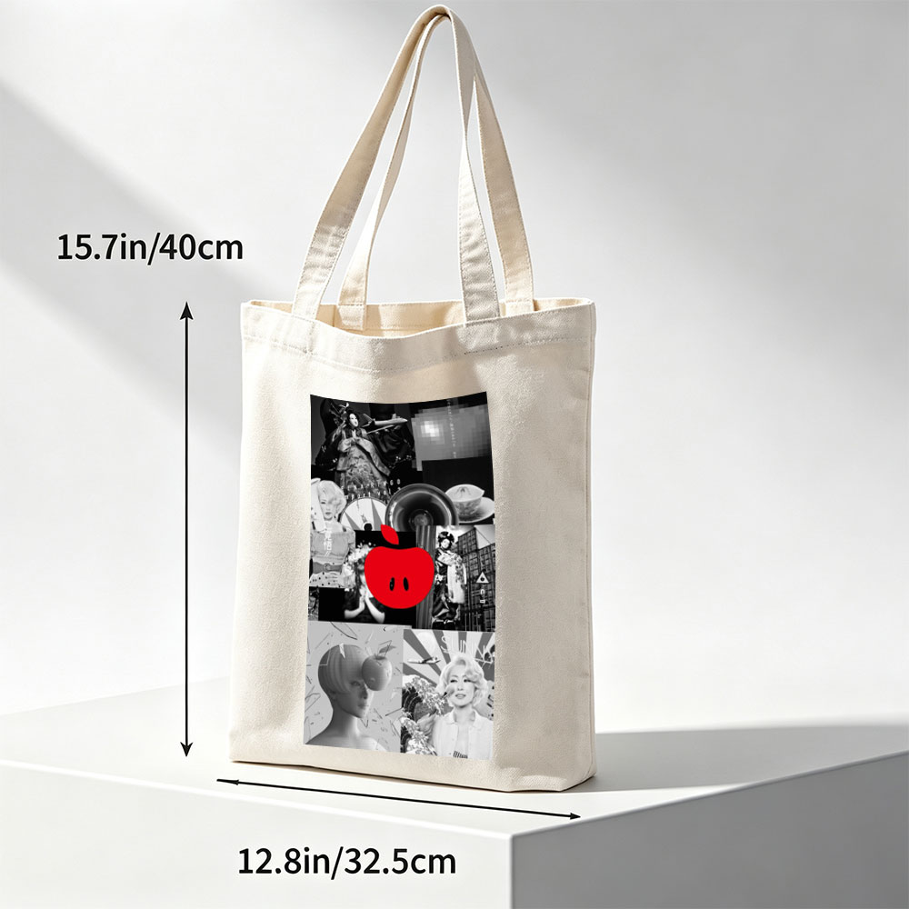 Ringo Sheena in a Retro-Futuristic Collage Featuring Black-and-White Portraits, Vinyl Records, and a Bold Red Apple Logo - Canvas tote bags