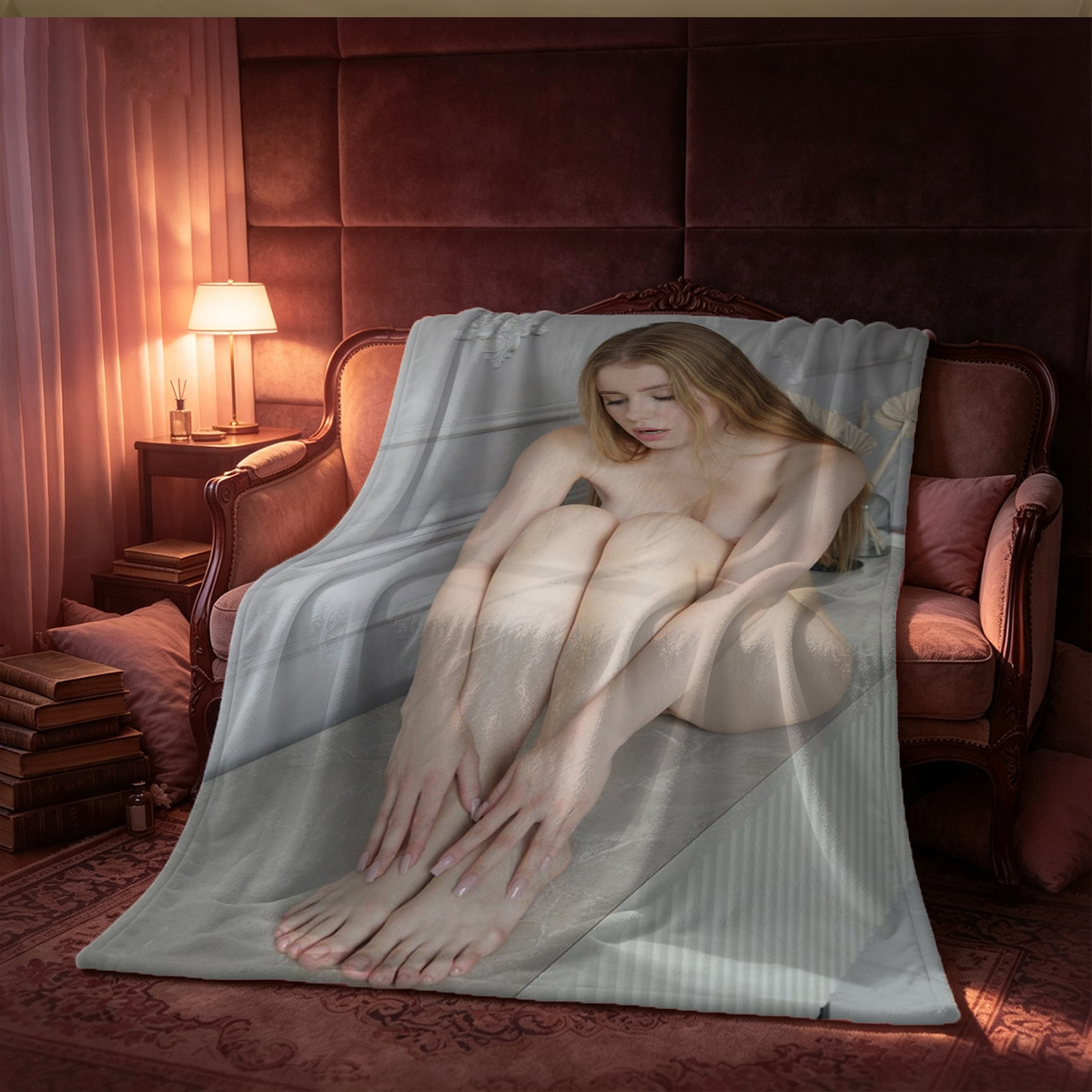 Nude Brunette Lying Seductively on Bed in White Closet - Blanket