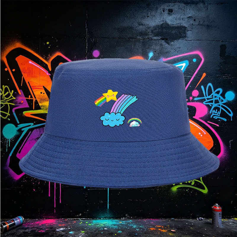 Unisex Fisherman Hat with Rainbow Star and Cloud Print, Classic Cotton Bucket Hat for Outdoor Activities, Perfect for Youth and Adults Seeking Fun and Comfortable Sun Protection