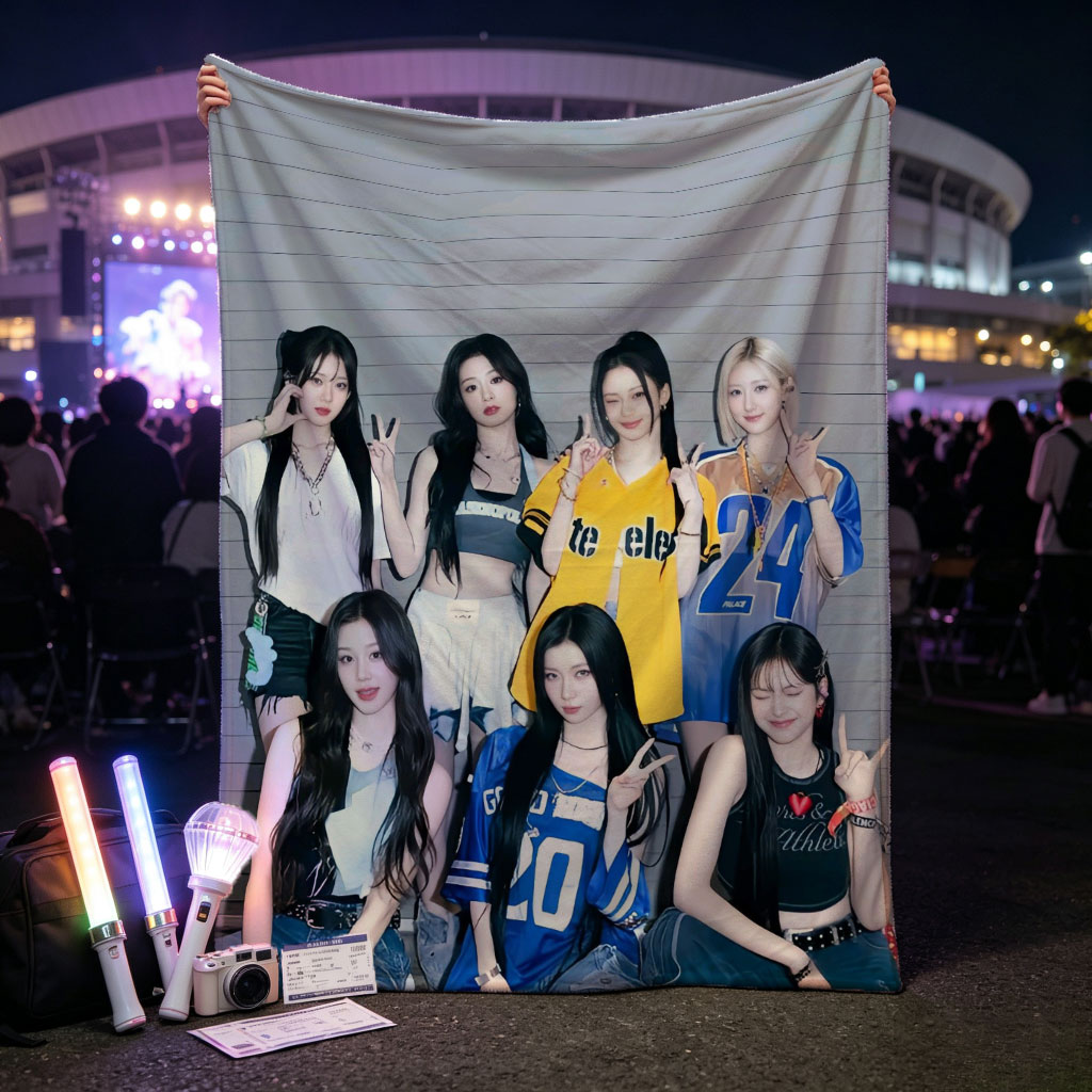 Kep1er Group Photo - Seven Members Posing in Casual Sporty Outfits Against a Gray Wooden Wall - Blankets