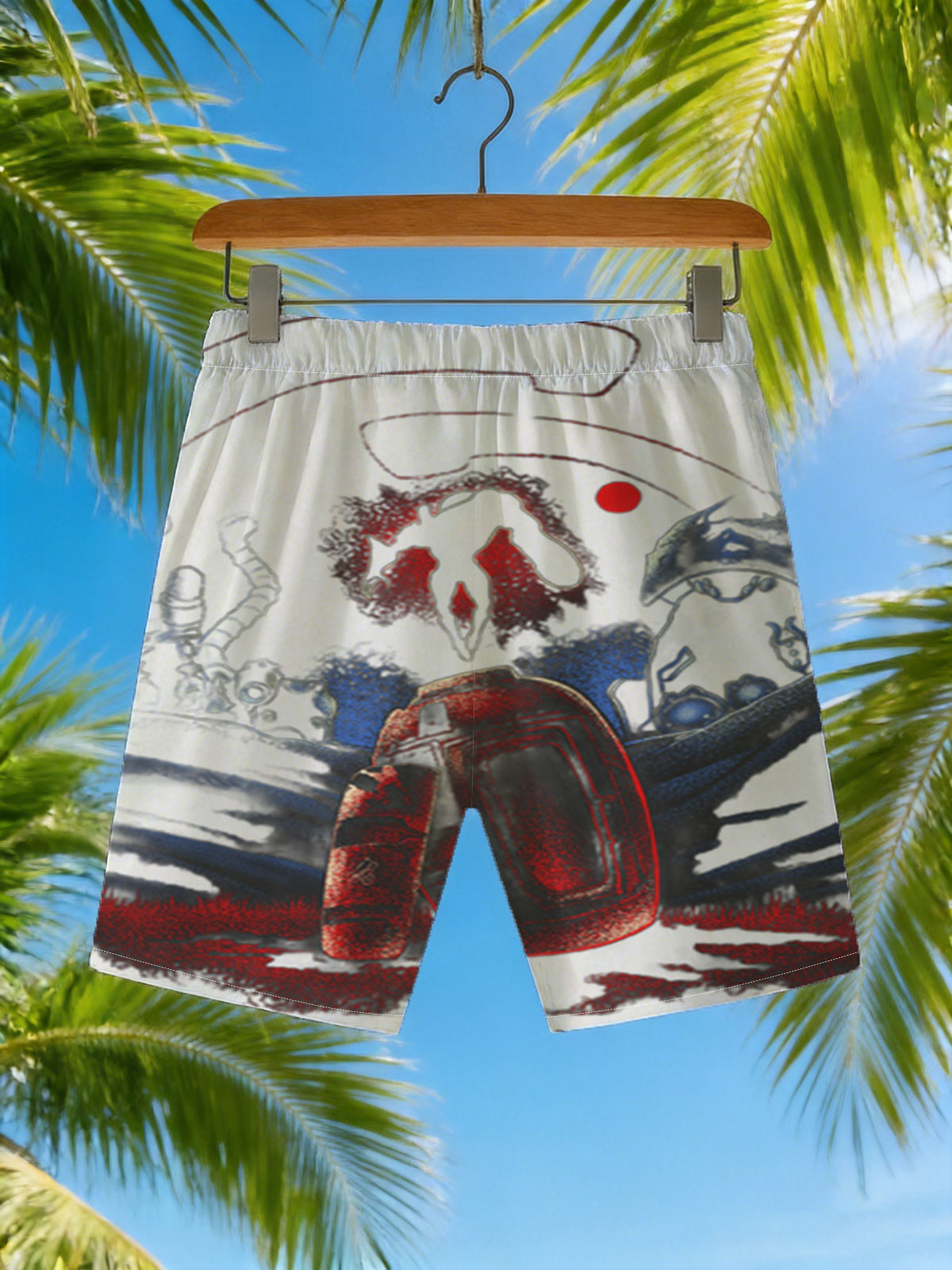 Red Planet Encounter: Alien Silhouette and Cosmic Artifacts -  Beach shorts