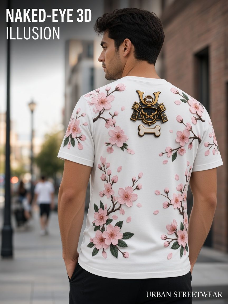 Samurai Dog Sakura 3D Optical Illusion Graphic Tee Breathable Athletic Mesh T-Shirt for Casual and Sports Wear
