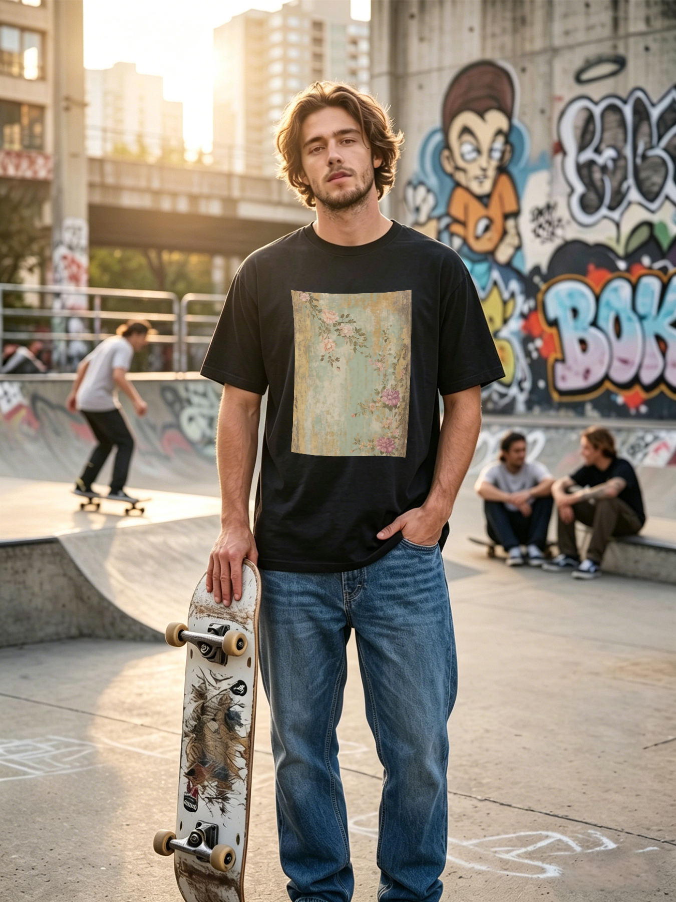 Men's Floral Print T-Shirt with Vintage Rose Pattern and Soft Pastel Colors, Casual Round Neck Lightweight Breathable Summer Short Sleeve Tee for Outdoor Activities, Travel, Daily Wear, Suitable for Men Who Love Artistic and Romantic Styles