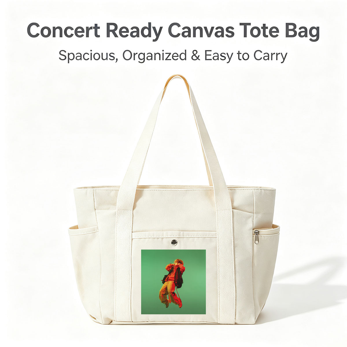 Troye Sivan in a vibrant red and yellow outfit mid-jump against a green background - Multi-pocket bags