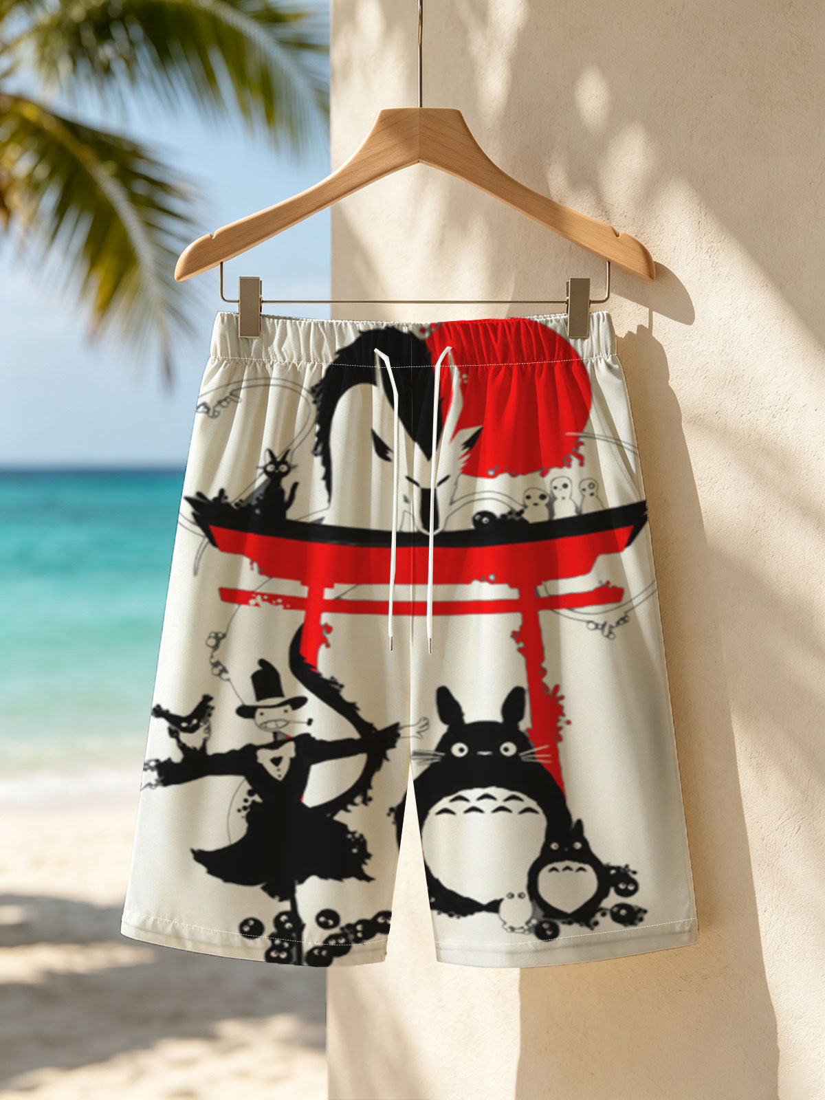 Totoro, No-Face, and Spirited Away Characters in a Japanese Shrine Scene -  Beach shorts