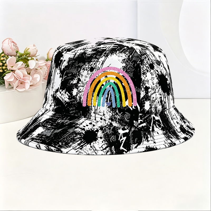 Unisex Classic Graffiti Bucket Hat with Sparkle Rainbow Heart Print | Perfect for Outdoor Activities, Travel, and Casual Wear | Ideal for Youth, Teens, and Adults Seeking Fun Fashion Accessories