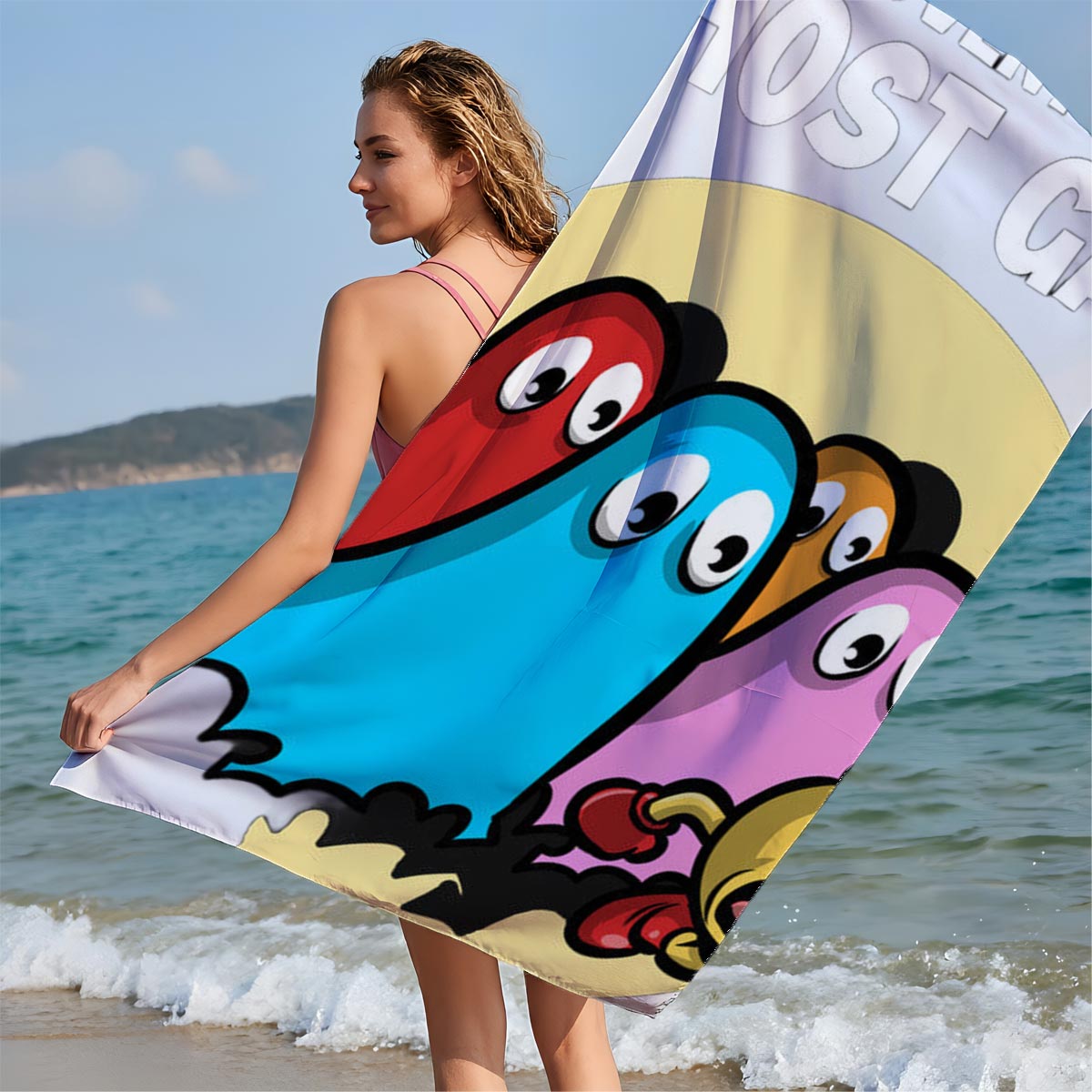 The Adventures of Ghost Gang: Pac-Man and Colorful Ghosts in Action - Beach towels